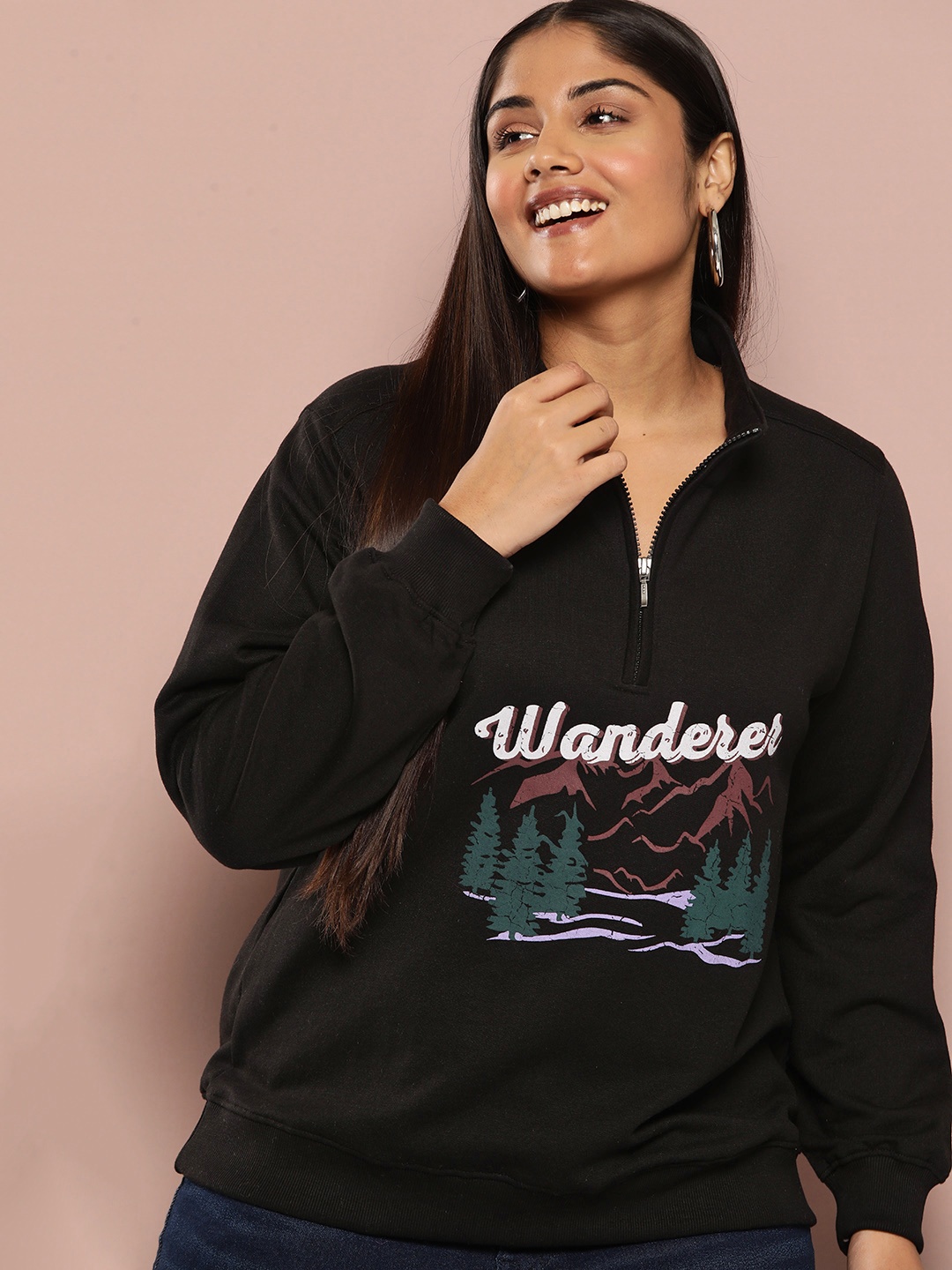 

Sztori Plus Size Half Zipper Printed Sweatshirt, Black