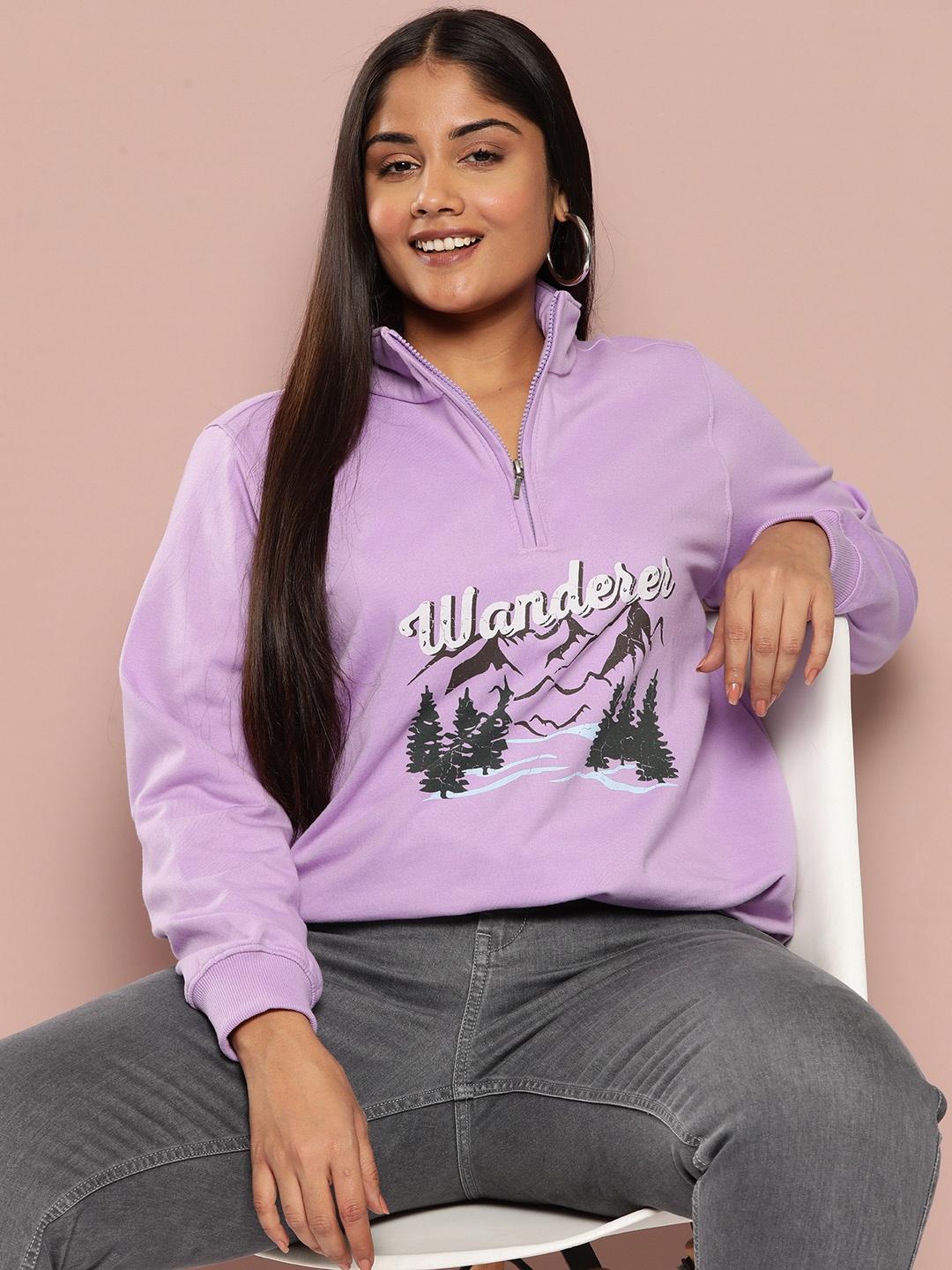 

Sztori Plus Size Half Zipper Printed Sweatshirt, Lavender