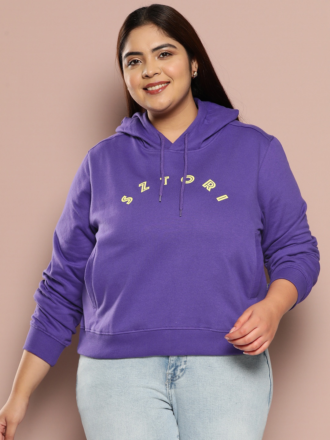 

Sztori Solid Brand Logo Printed Plus Size Hooded Sweatshirt, Purple