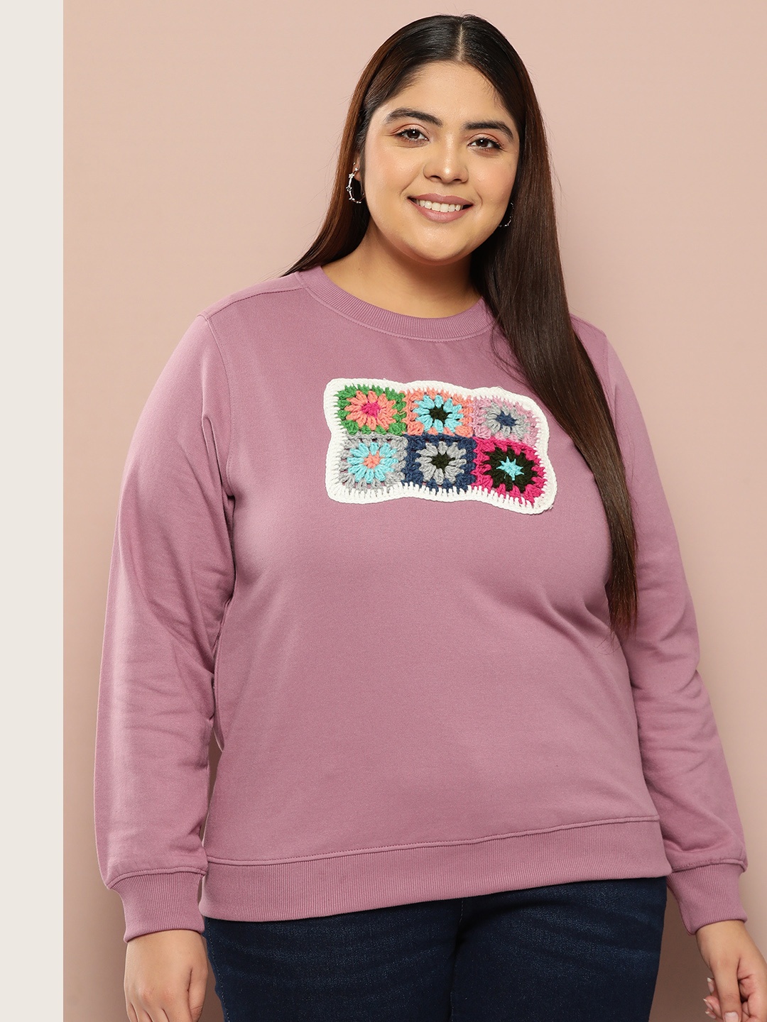 

Sztori Plus Size Crochet Detailed Sweatshirt, Mauve