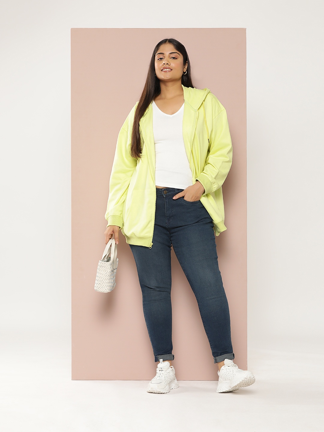 

Sztori Women Plus Size Front-Open Hooded Sweatshirt, Yellow