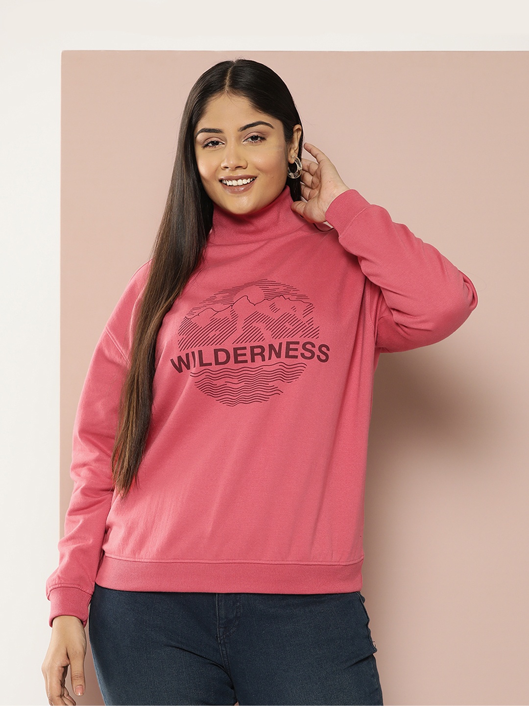 

Sztori Plus Size High Neck Drop-Shoulder Printed Sweatshirt, Pink