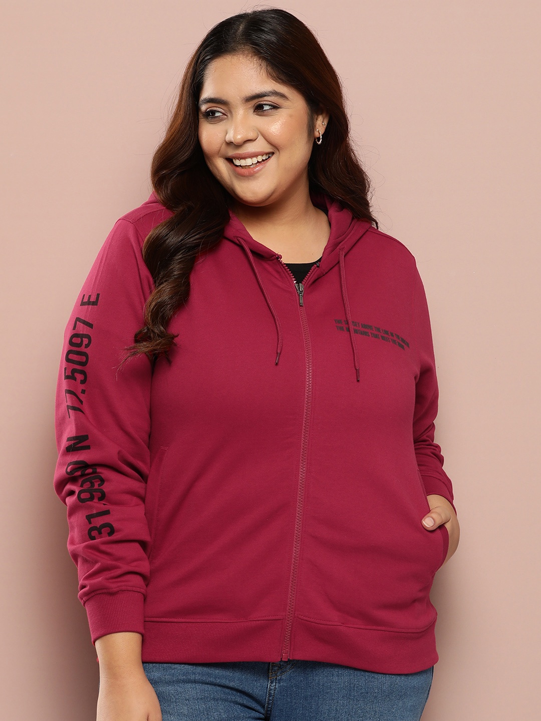 

Sztori Plus Size Typography Printed Front-Open Hooded Sweatshirt, Maroon