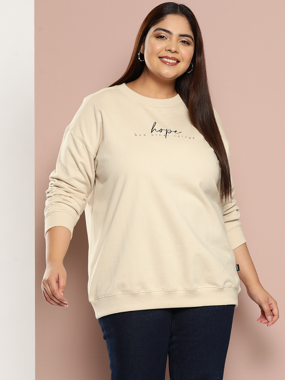 

Sztori Plus Size Printed Detail Longline Sweatshirt, Beige