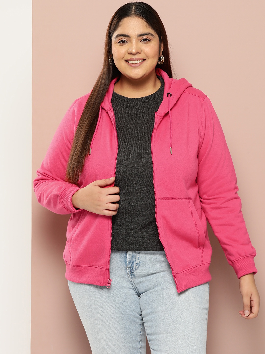 

Sztori Plus Size Solid Hooded Sweatshirt, Pink