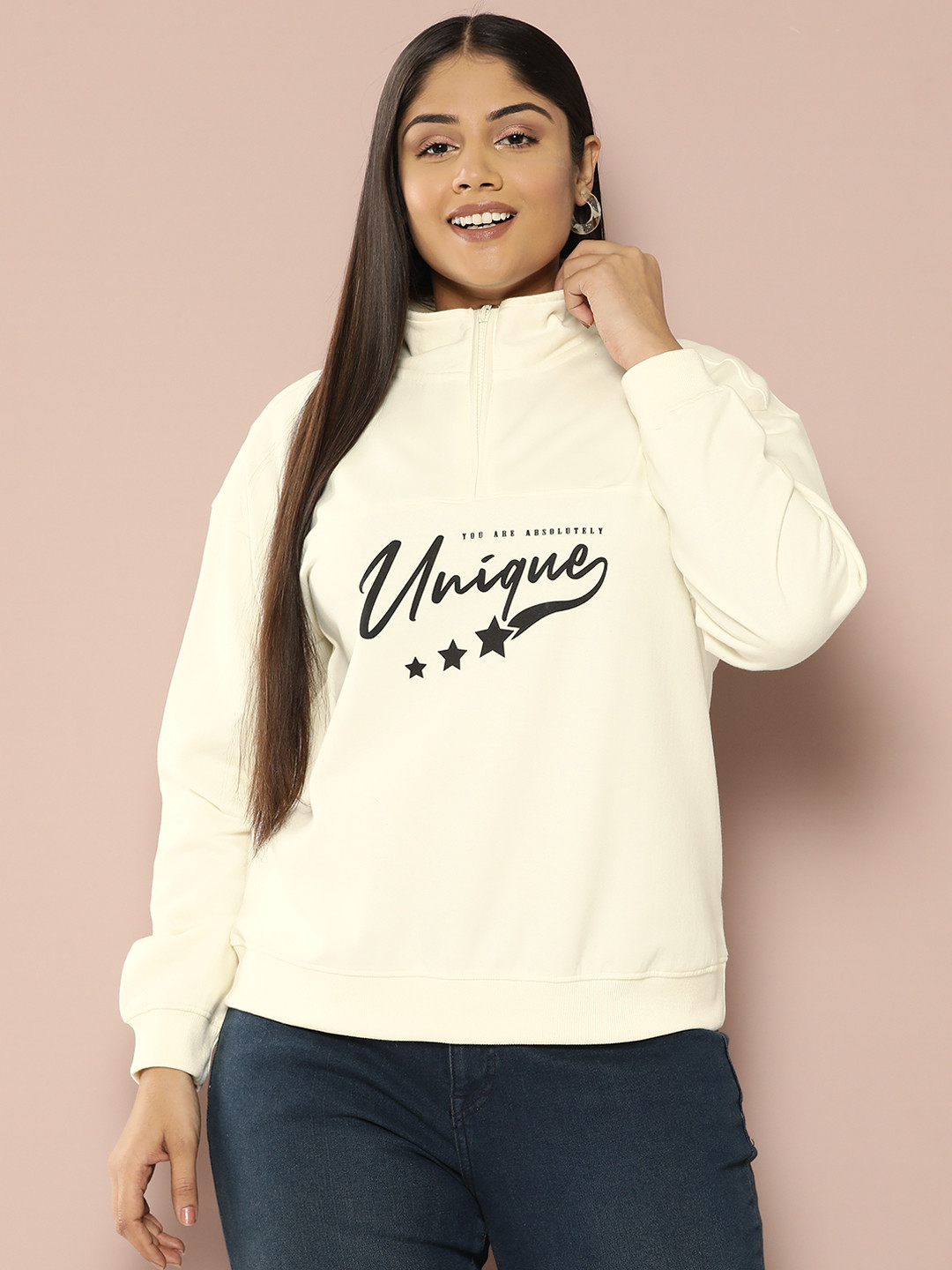 

Sztori Plus Size Half Zipper Printed Sweatshirt, Cream