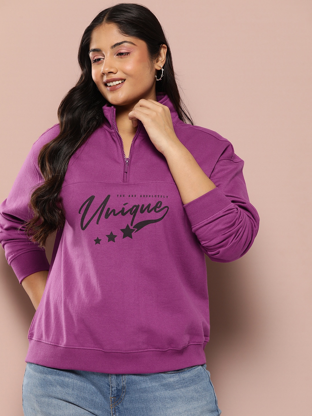 

Sztori Plus Size Half Zipper Printed Sweatshirt, Purple