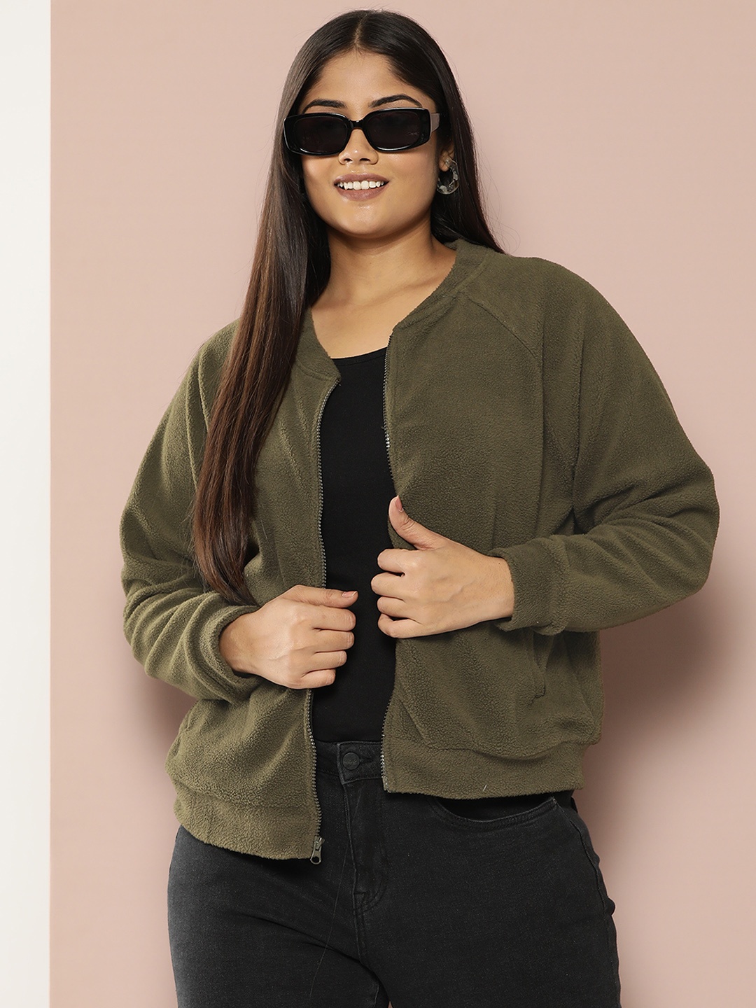 

Sztori Plus Size Front-Open Bomber Style Sweatshirt, Olive