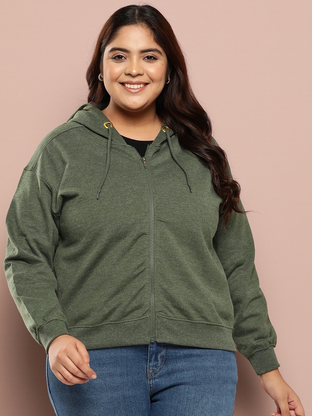 

Sztori Plus Size Front-Open Drop-Shoulder Sleeves Hooded Sweatshirt, Olive