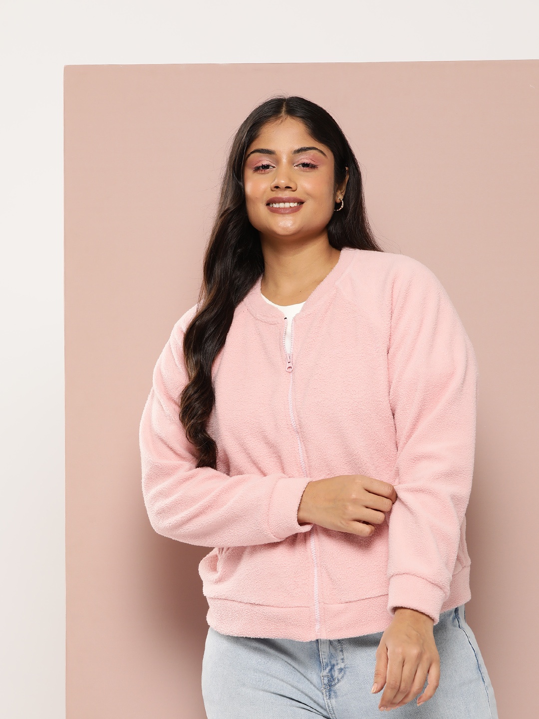 

Sztori Plus Size Fleece Front-Open Sweatshirt, Pink