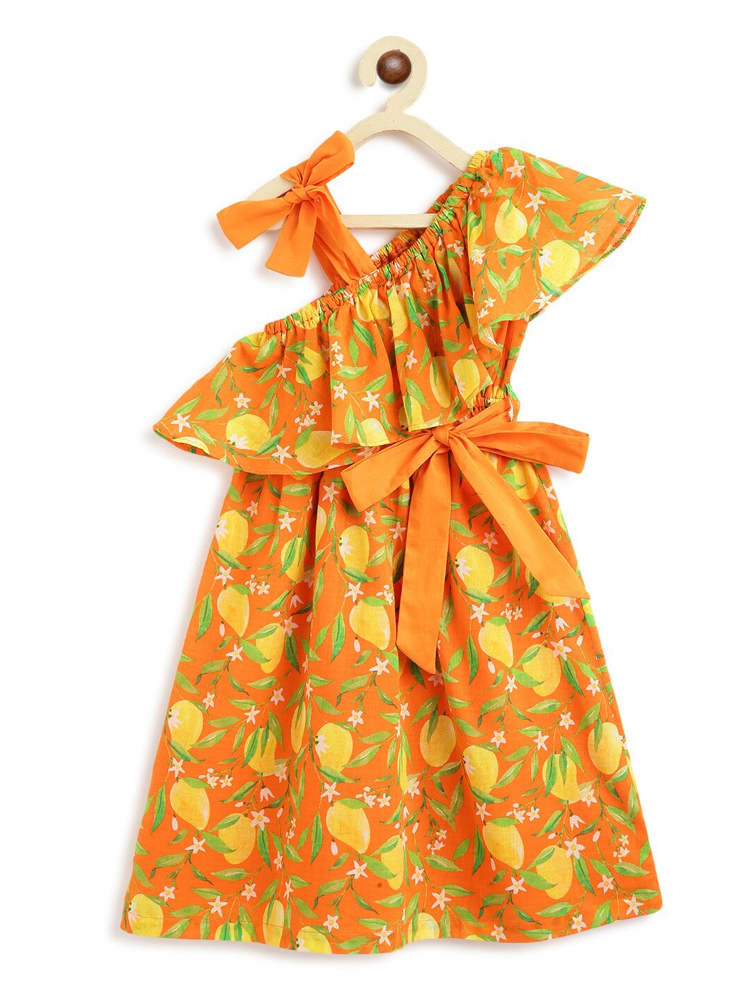 

Tiber Taber Girls Conversational Printed Cotton Fit & Flare Dress, Orange