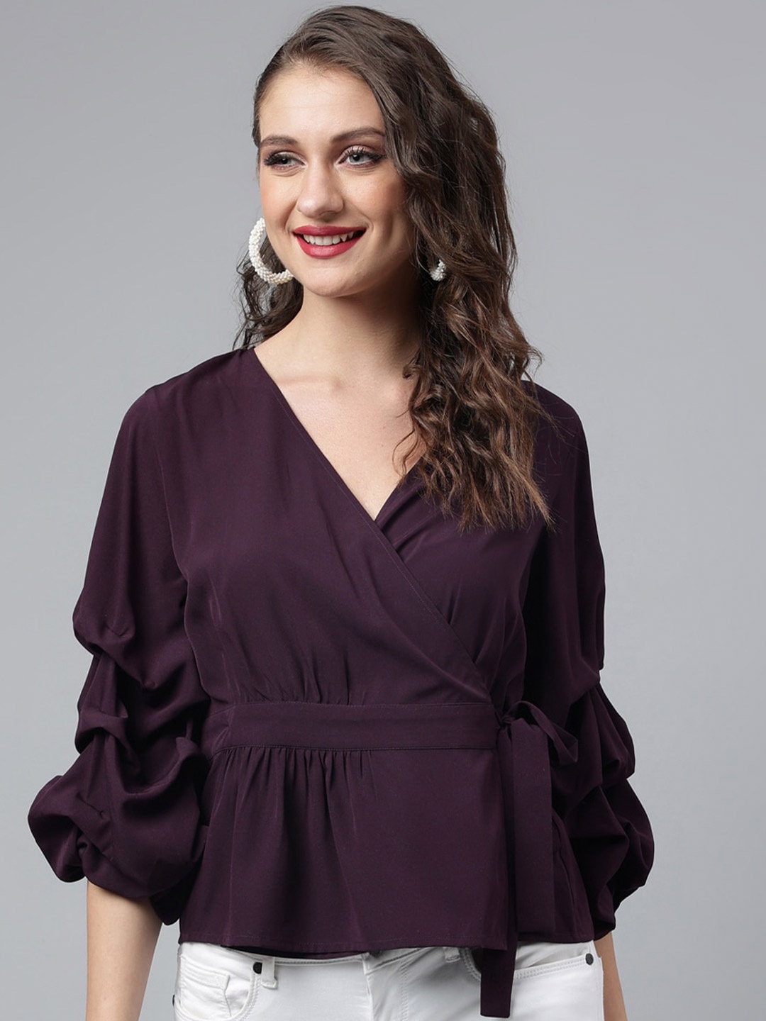 

pinwheel Purple V-Neck Puff Sleeve Crepe Wrap Top
