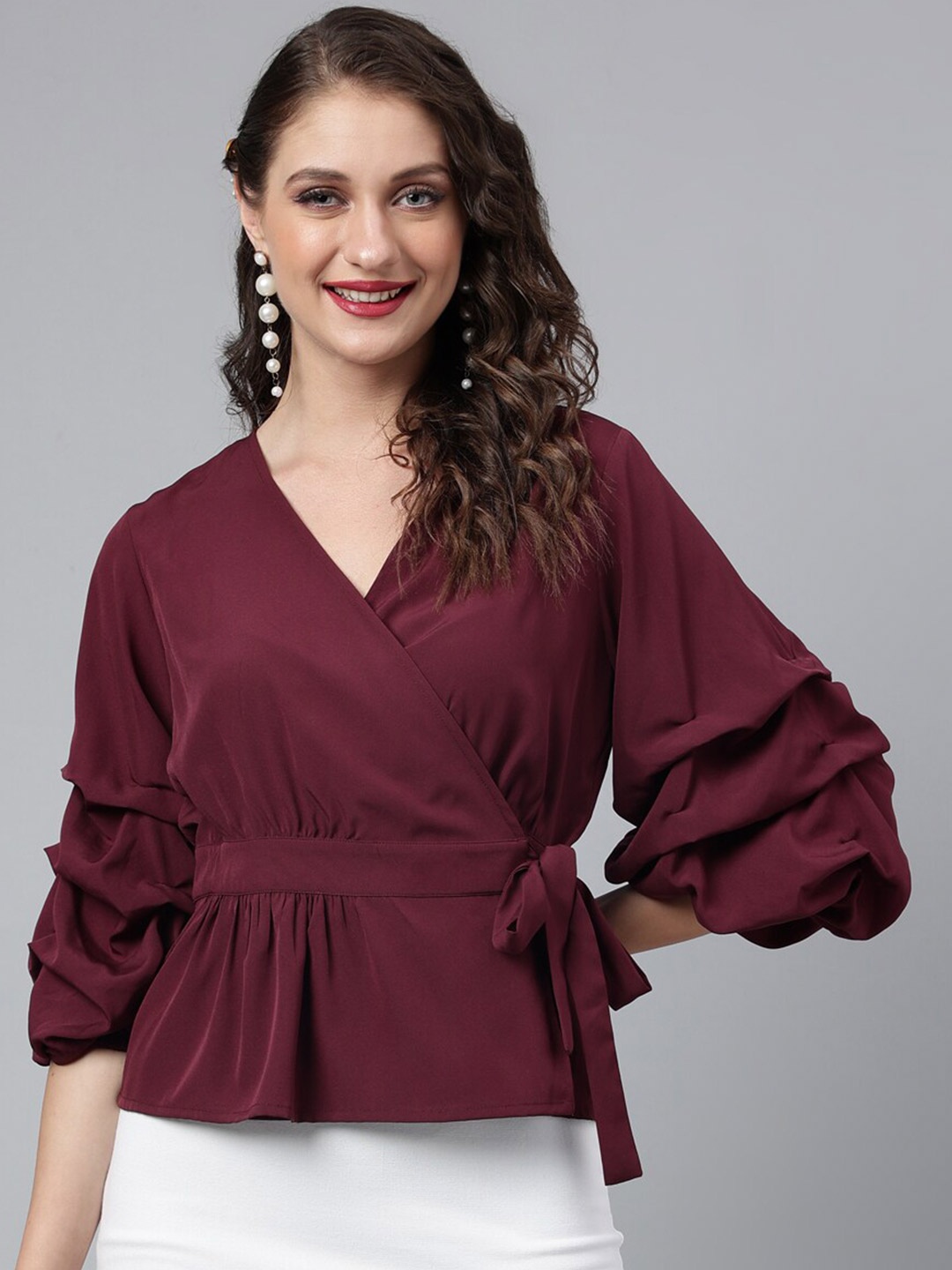 

pinwheel Purple V-Neck Puff Sleeve Crepe Wrap Top