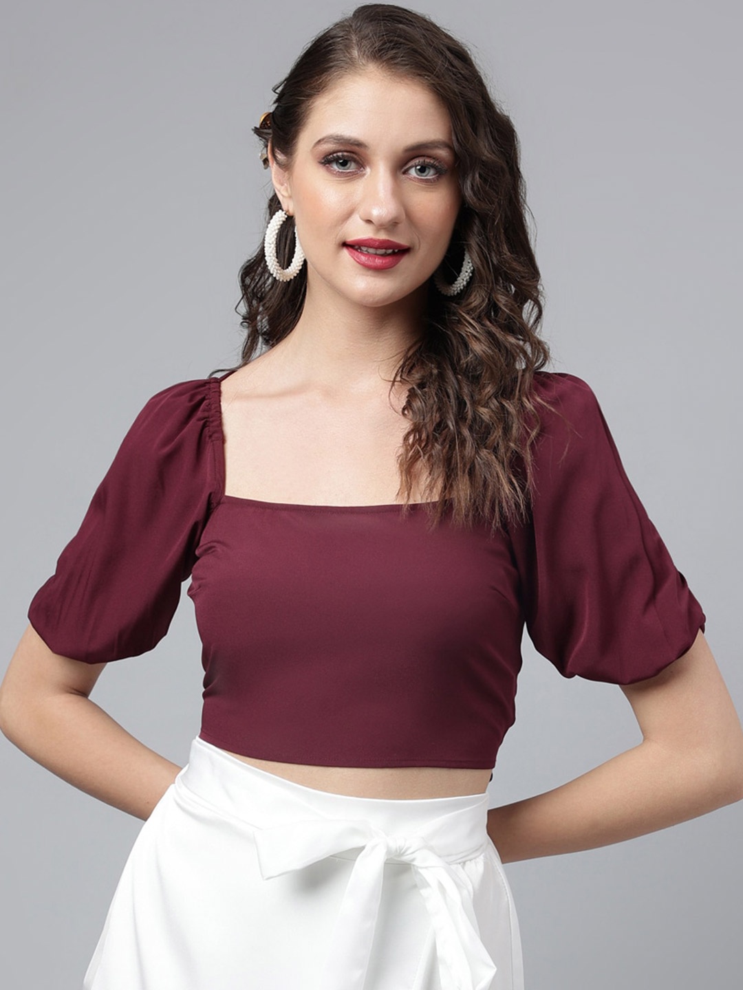 

pinwheel Puff Sleeve Square Neck Style Back Crop Top, Maroon