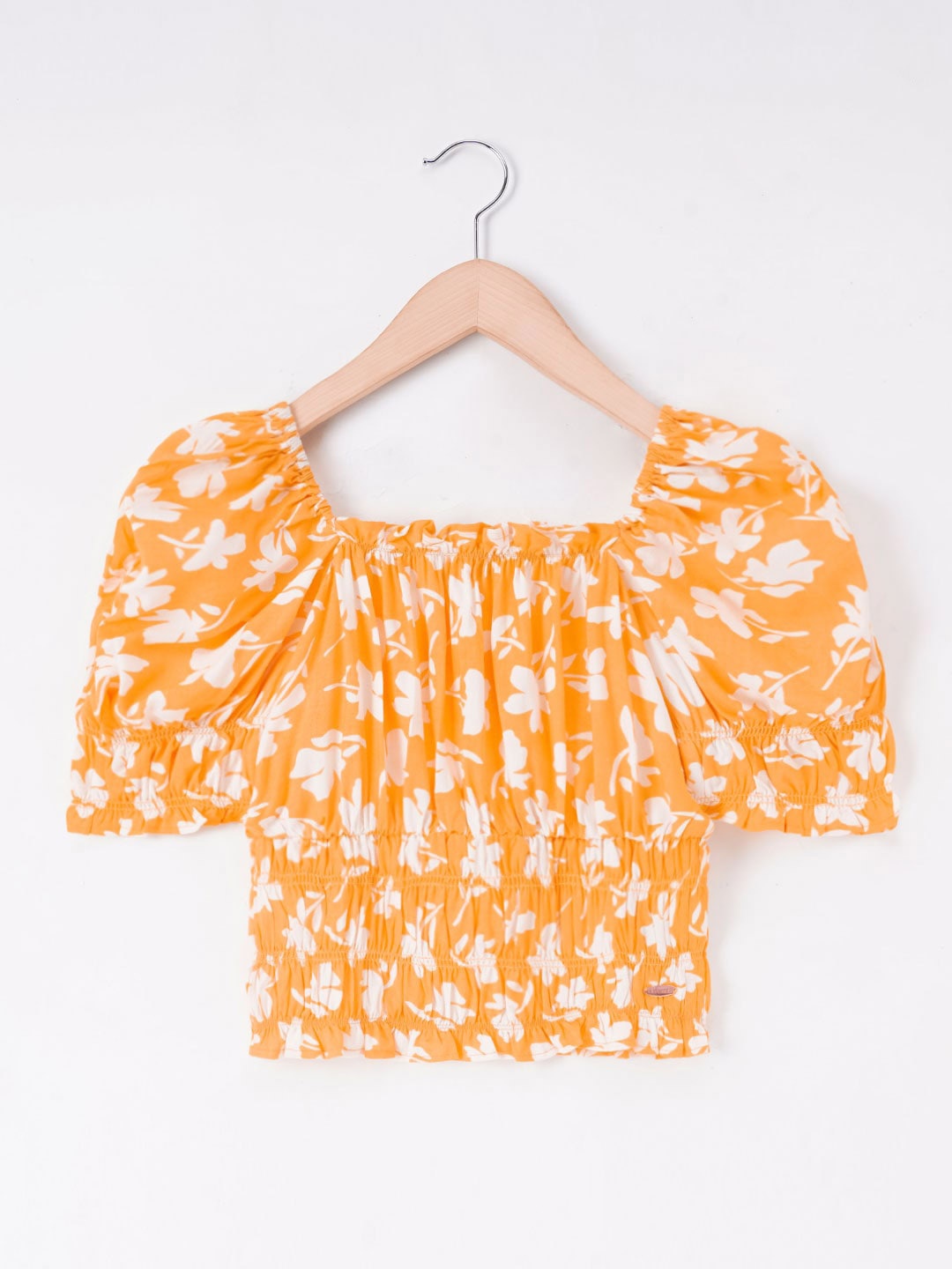 

edheads Girls Floral Printed Square Neck Extended Sleeve Smocking Cotton Top, Orange