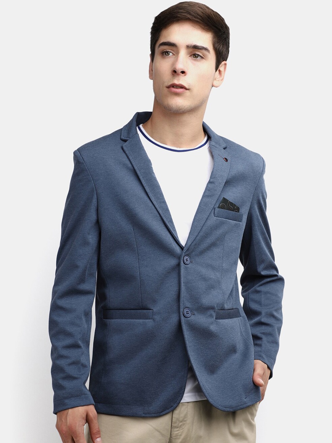 

V-Mart Slim-Fit Single Breasted Notched Lapel Cotton Blazer, Blue