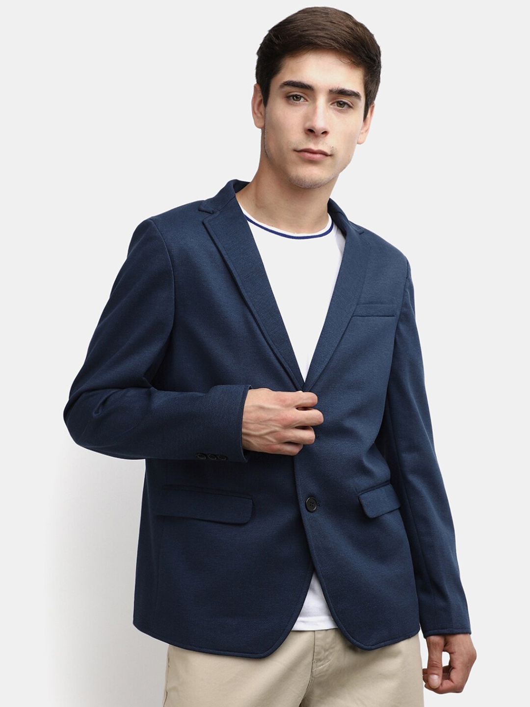 

V-Mart Men Single-Breasted Notched Lapel Blazer, Navy blue