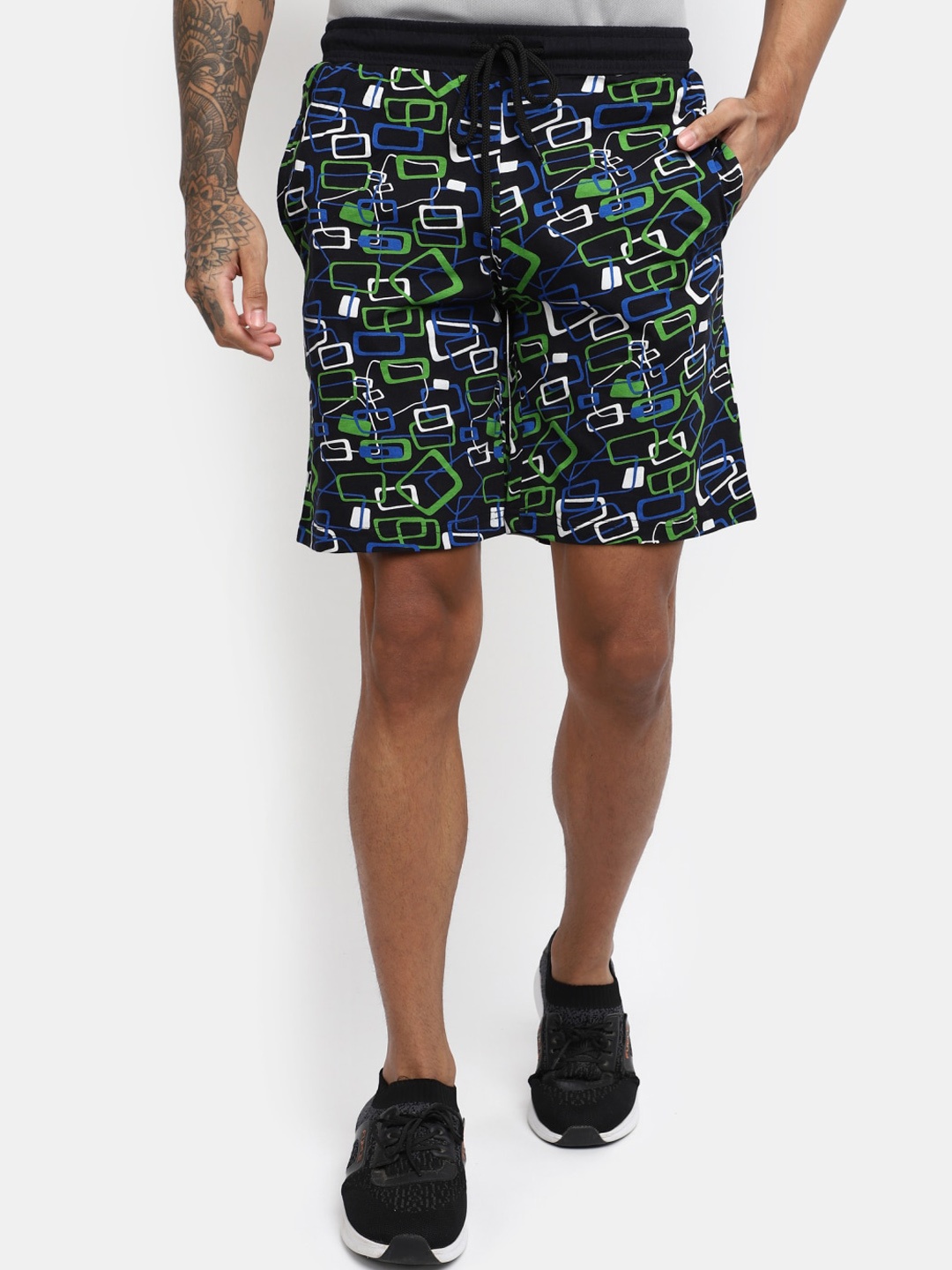 

V-Mart Men Geometric Printed Cotton Shorts, Black