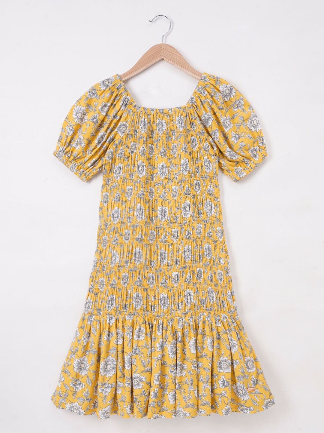 

edheads Girls Floral Print Puff Sleeve Drop-Waist Cotton Dress, Yellow