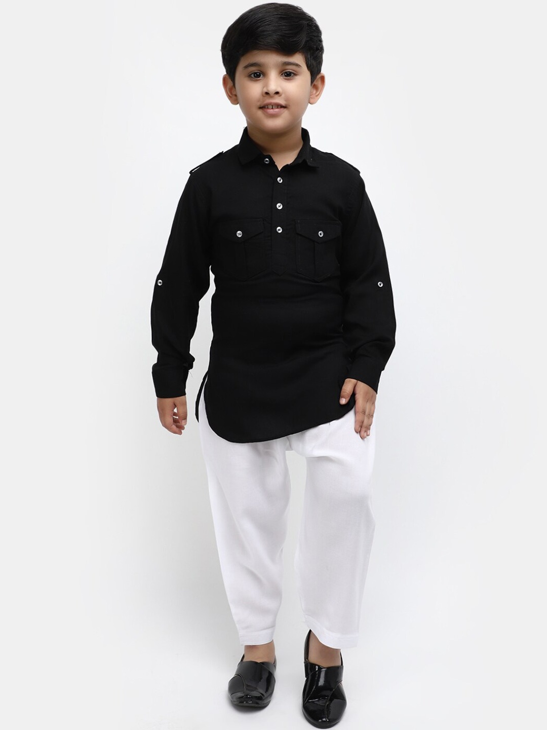 

V-Mart Shirt Collar Roll-Up Sleeves Sherwani Set, Black