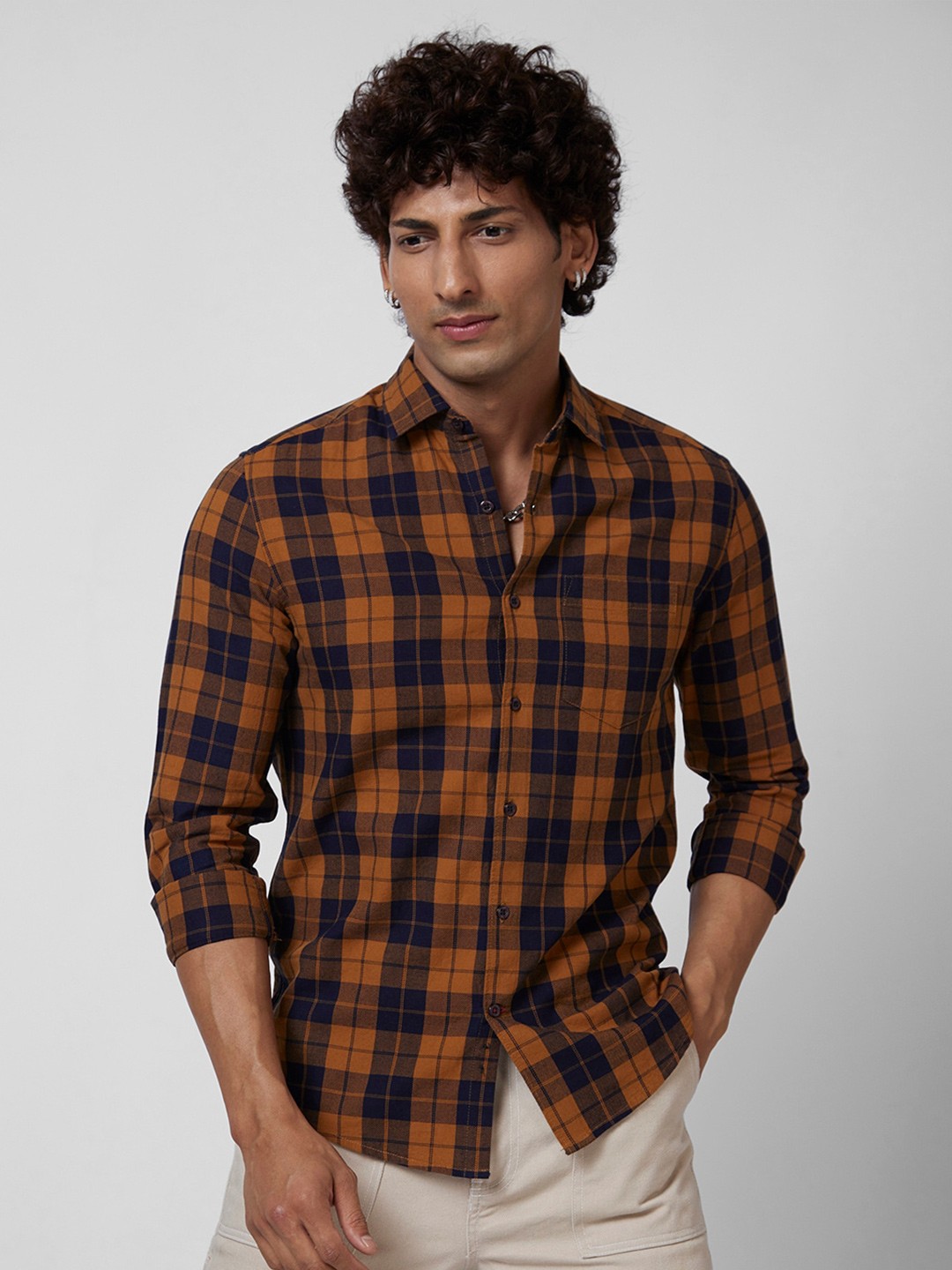

VASTRADO Tartan Checks Cotton Casual Shirt, Brown