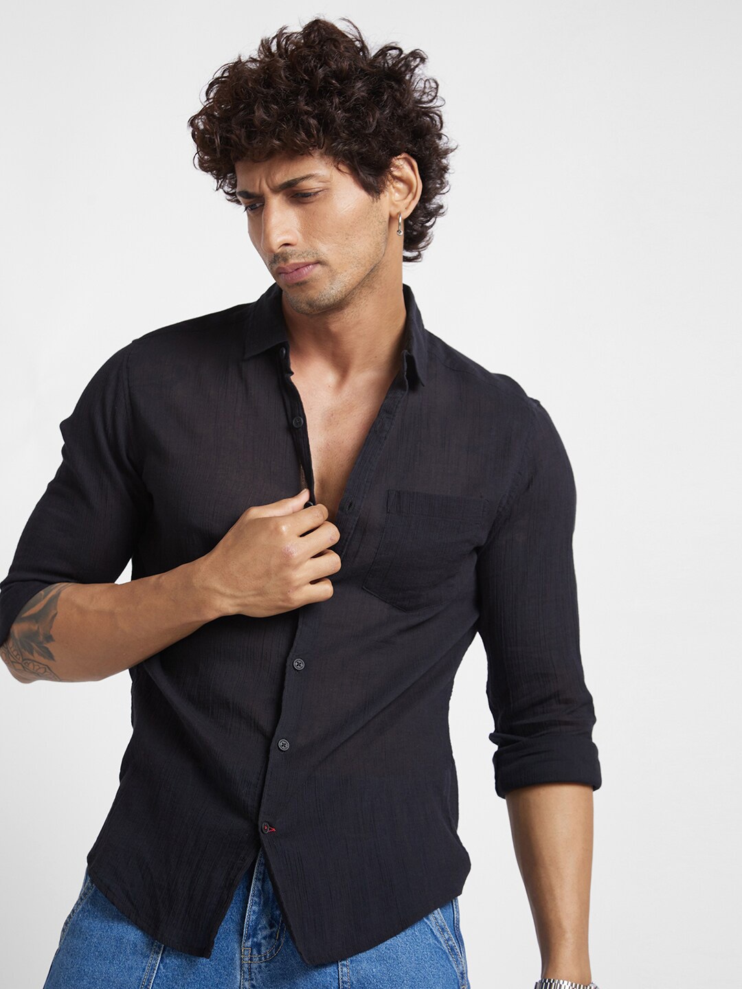

VASTRADO Spread Collar Opaque Crepe Casual Shirt, Black