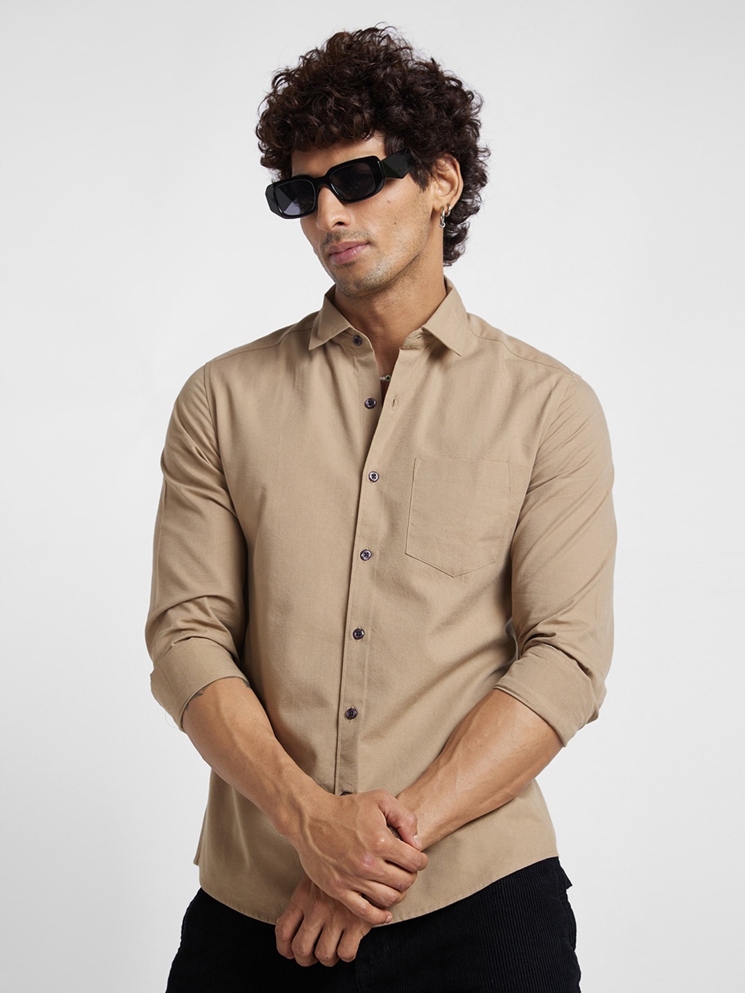 

VASTRADO Spread Collar Opaque Casual Shirt, Khaki