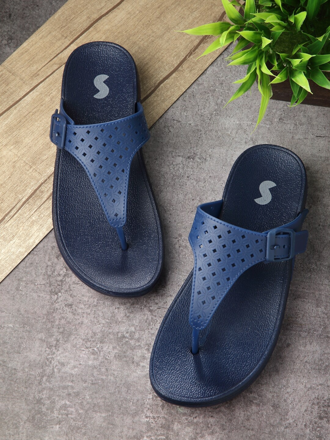 

Solethreads Women CHERRY Solid T-Strap Flats With Laser Cuts Buckle Detail, Navy blue