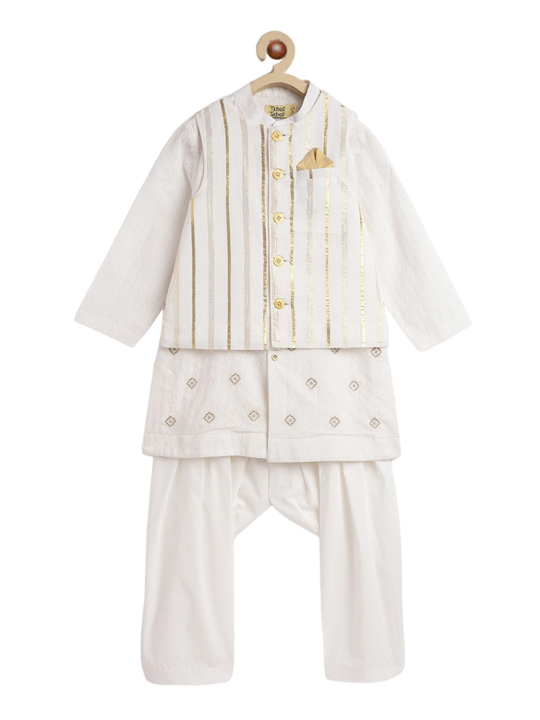 

Tiber Taber Boys Geometric Printed Regular Kurta With Salwar & Jacket, White