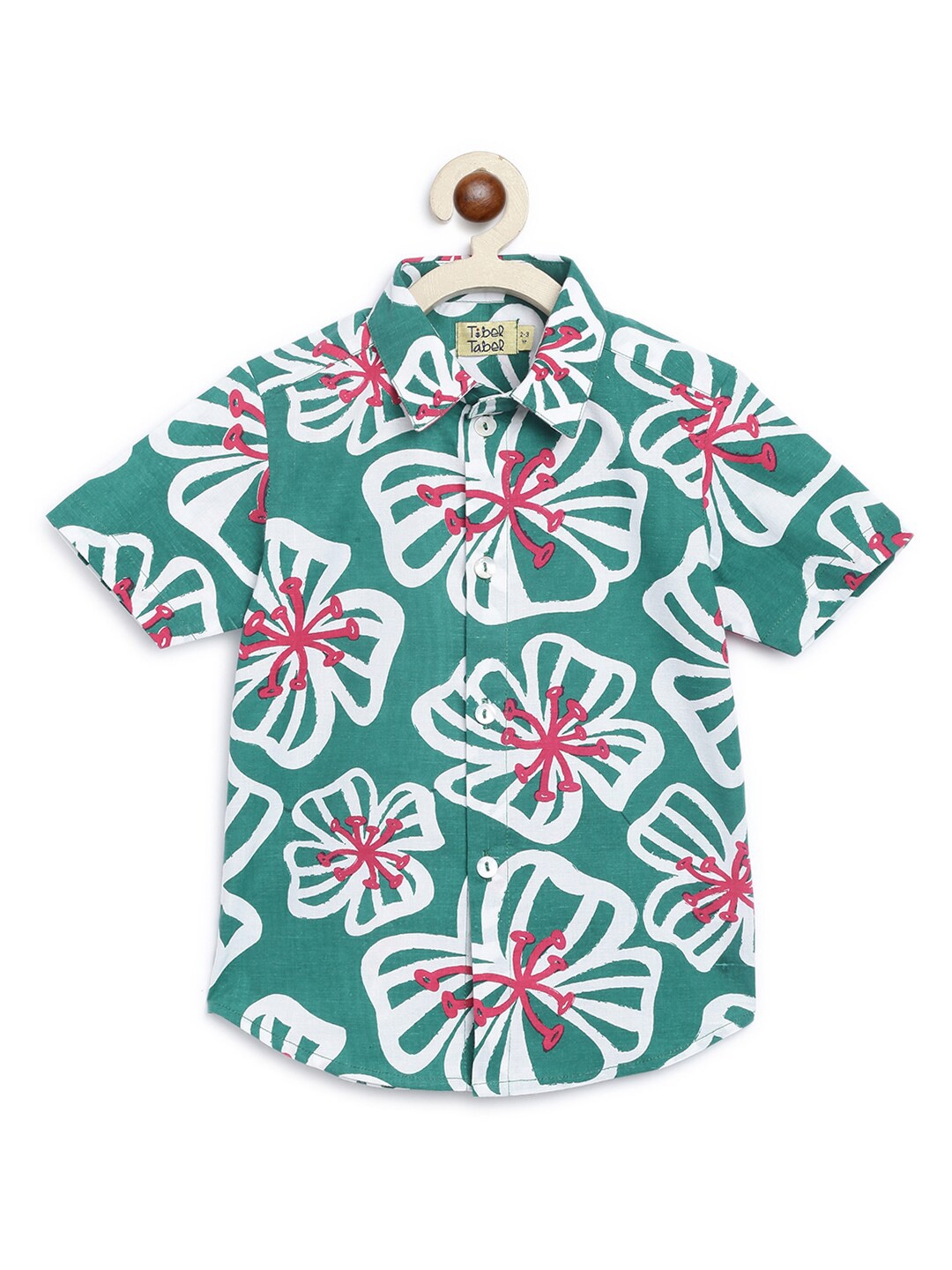 

Tiber Taber Boys Floral Printed Spread Collar Cotton Shirt, Green