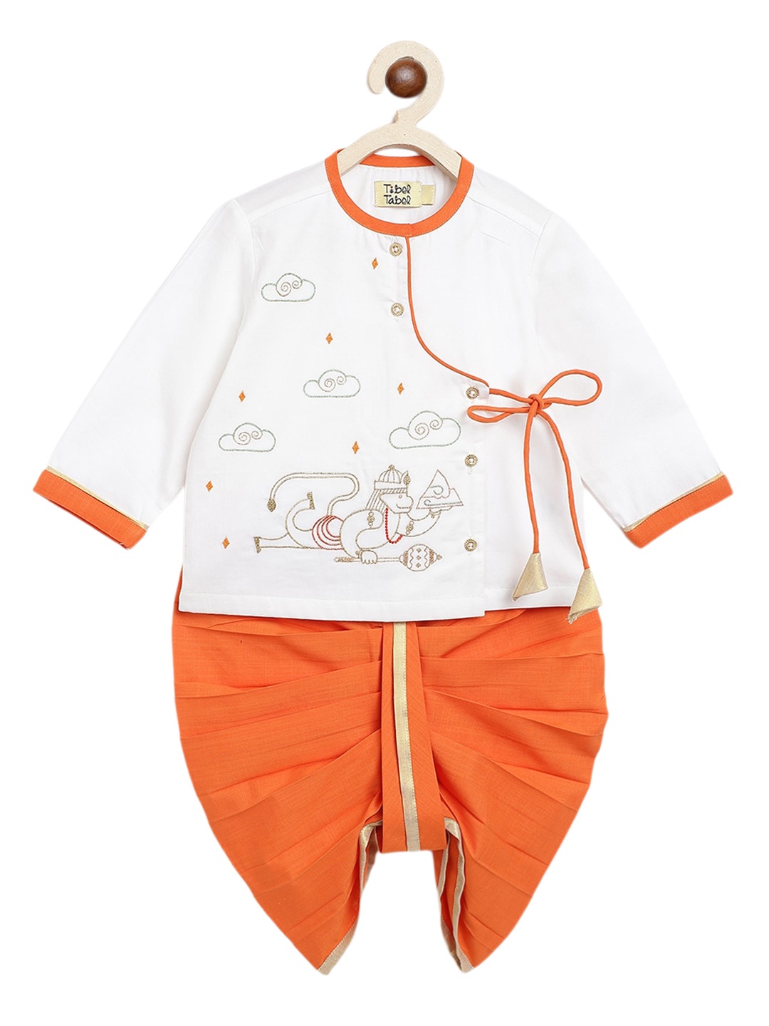 

Tiber Taber Boys Embroidered Angrakha Thread Work Pure Cotton Kurta With Dhoti Pants, White