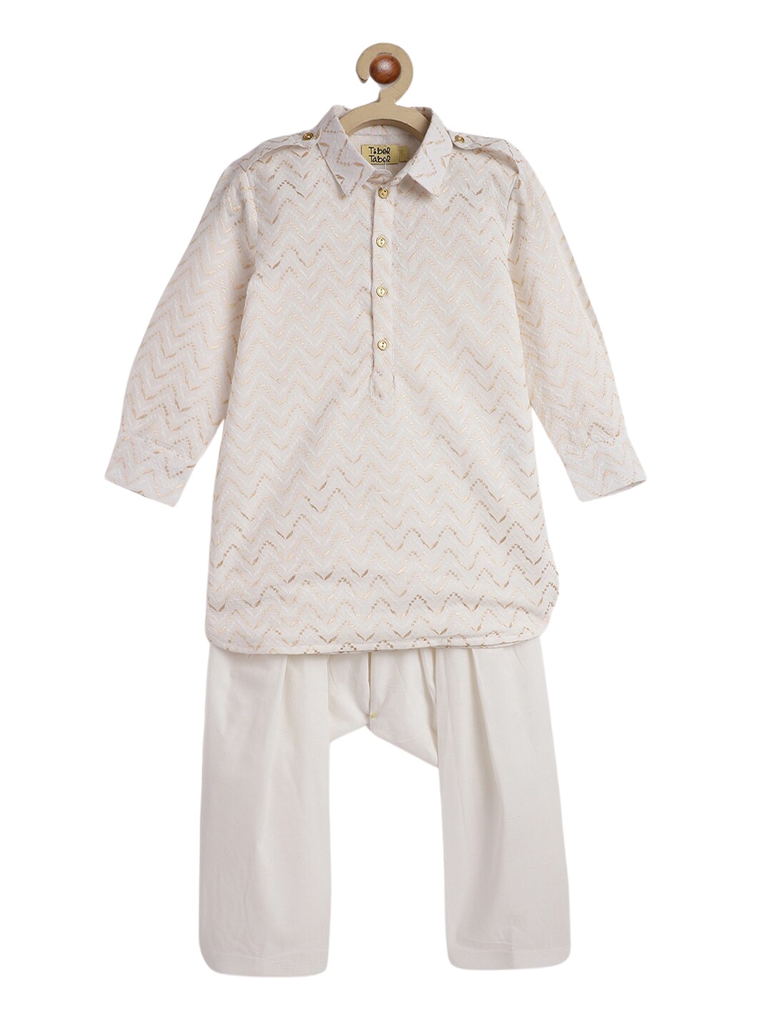 

Tiber Taber Boys Geometric Embroidered Regular Pure Cotton Kurta With Salwar, White