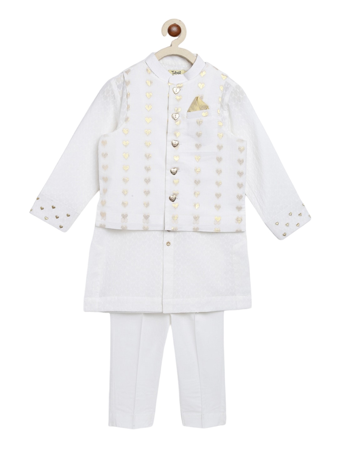 

Tiber Taber Boys Mandarin Collar Regular Kurta With Trousers & Jacket, White