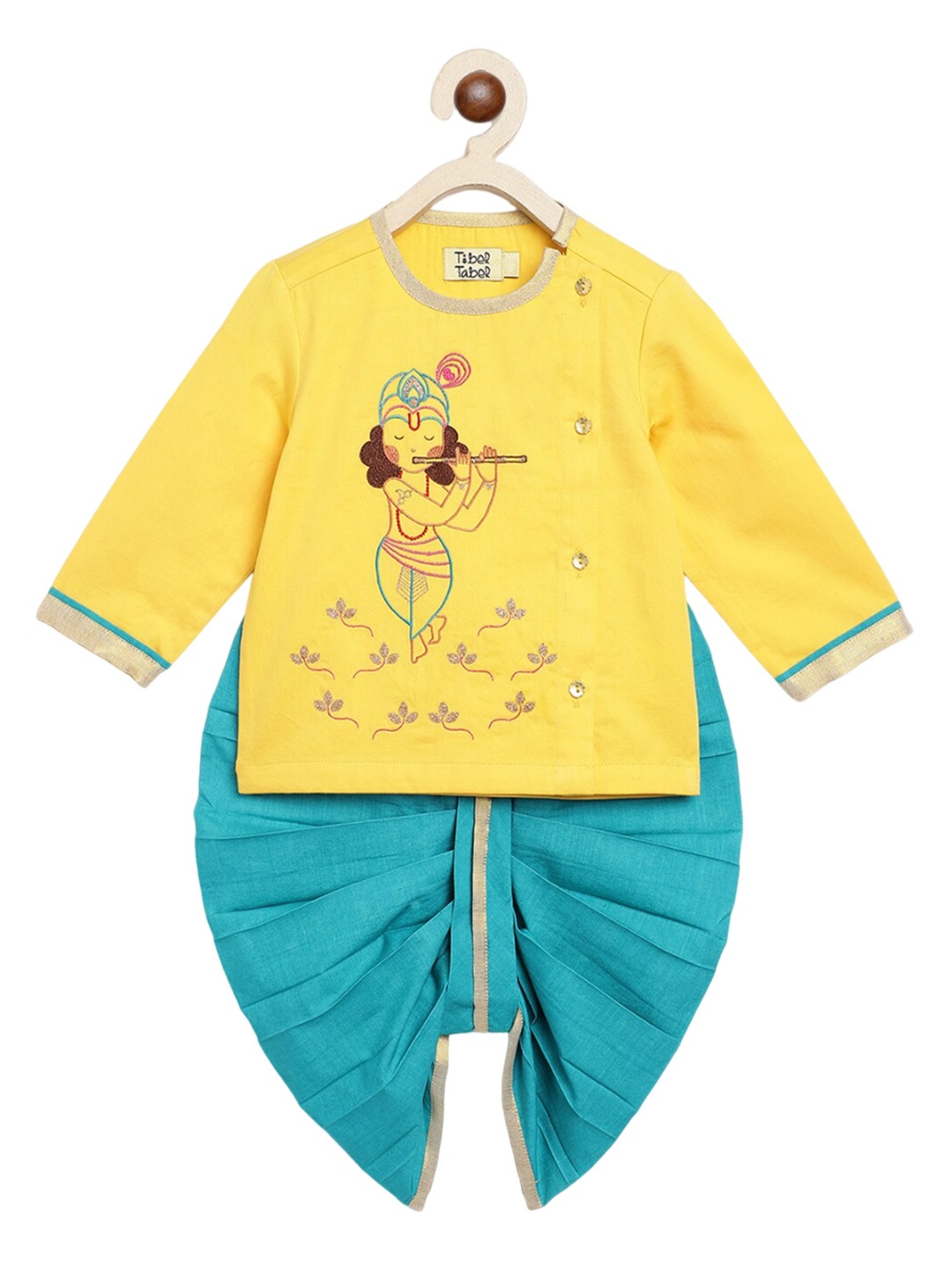 

Tiber Taber Boys Ethnic Motifs Embroidered Regular Thread Work Kurti With Dhoti Pants, Yellow