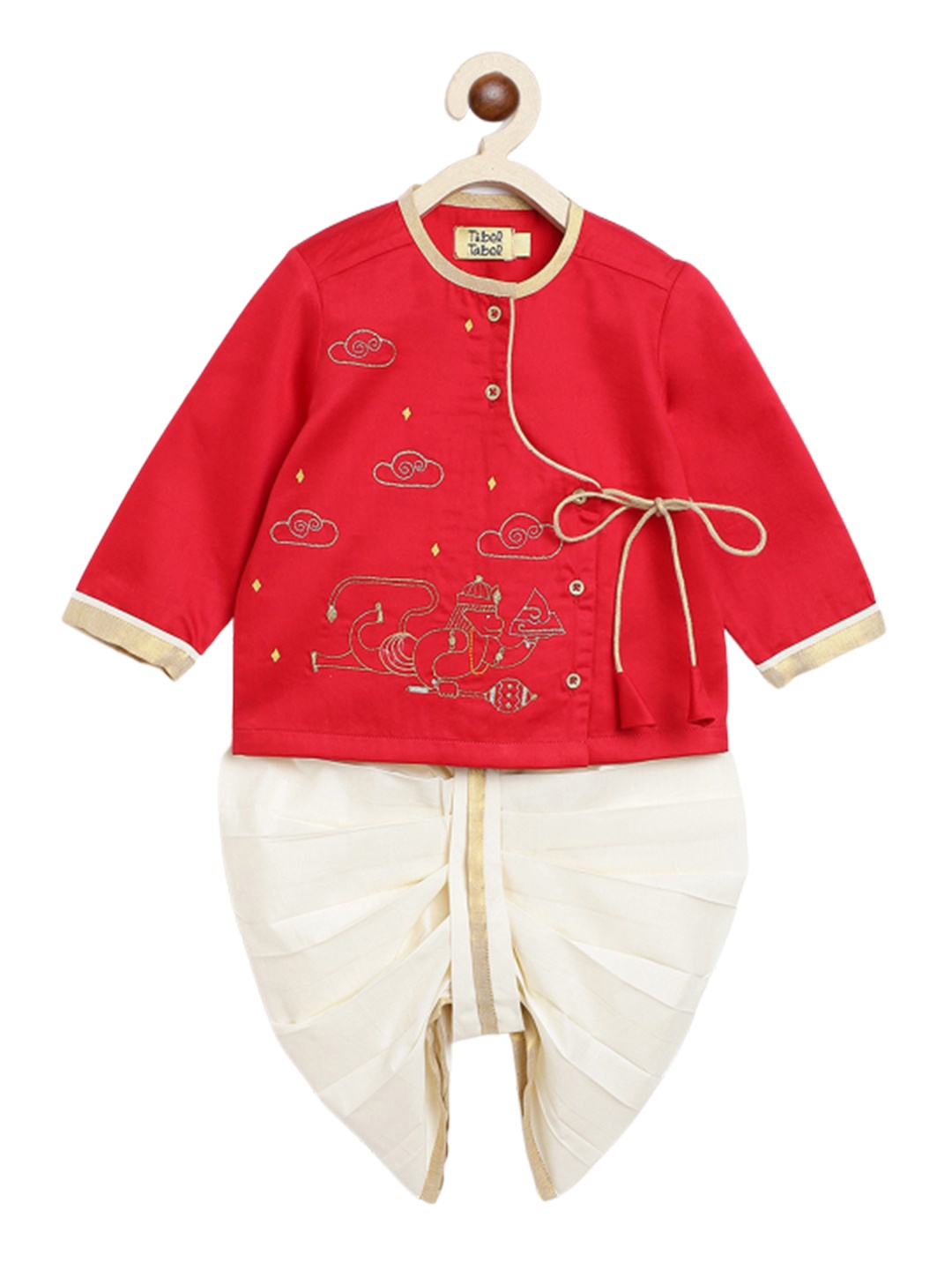 

Tiber Taber Boys Embroidered Angrakha Thread Work Kurta With Dhoti Pants, Red