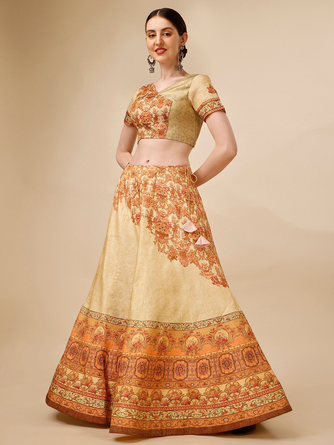 

SAPTRANGI Printed Beads and Stones Ready to Wear Lehenga & Blouse With Dupatta, Cream