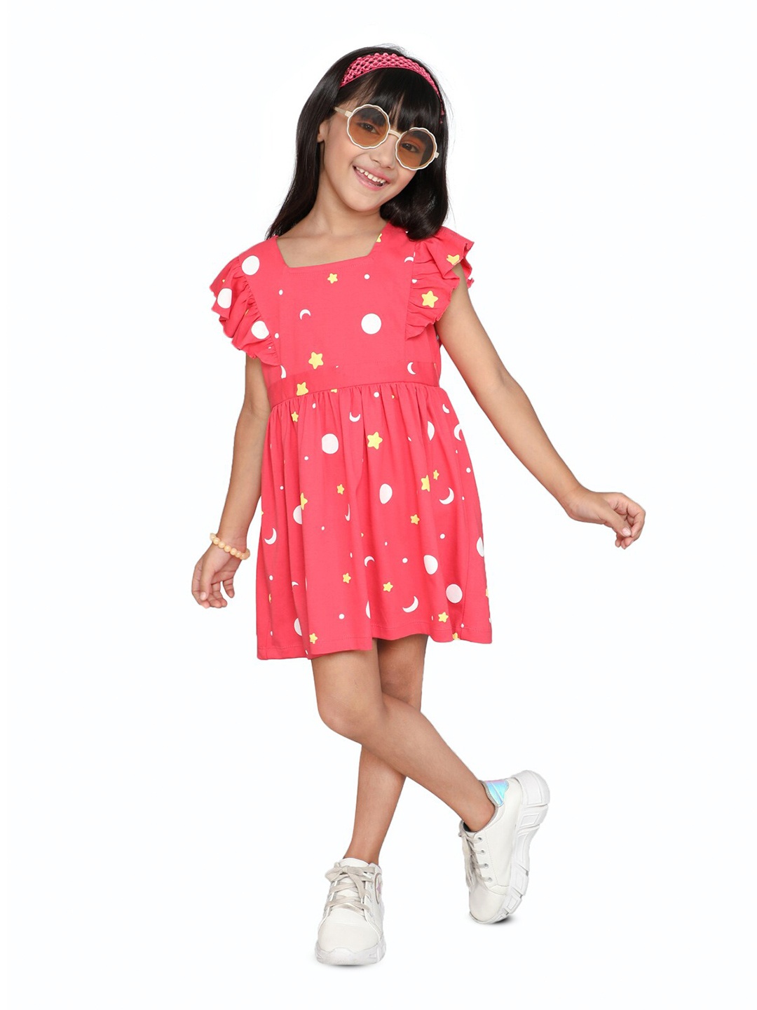 

Little Angels Girls Geometric Printed Flutter Sleeves Cotton Fit & Flare Dress, Pink
