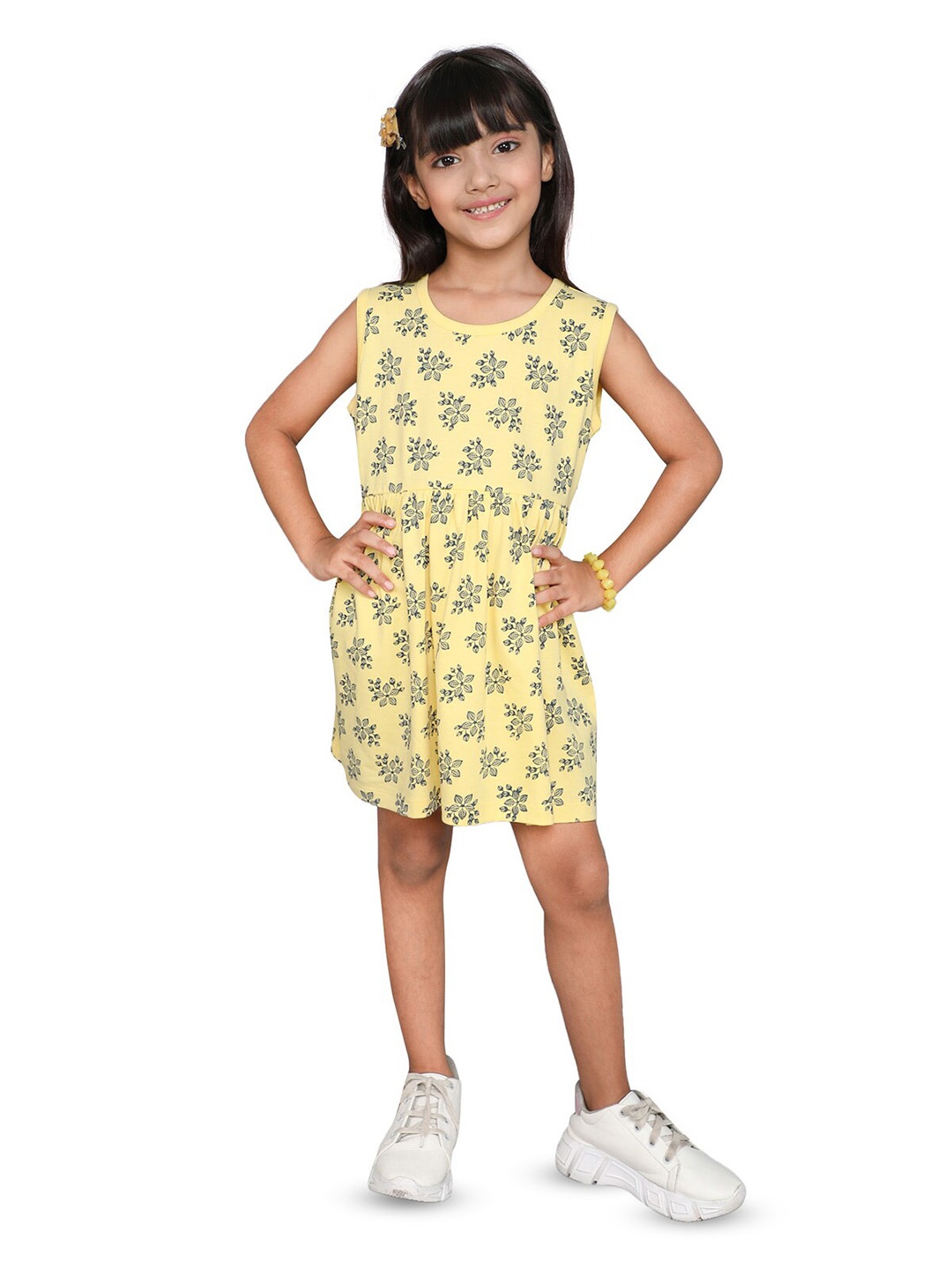 

Little Angels Girls Floral Printed Sleeveless Cotton Fit & Flare Dress, Yellow