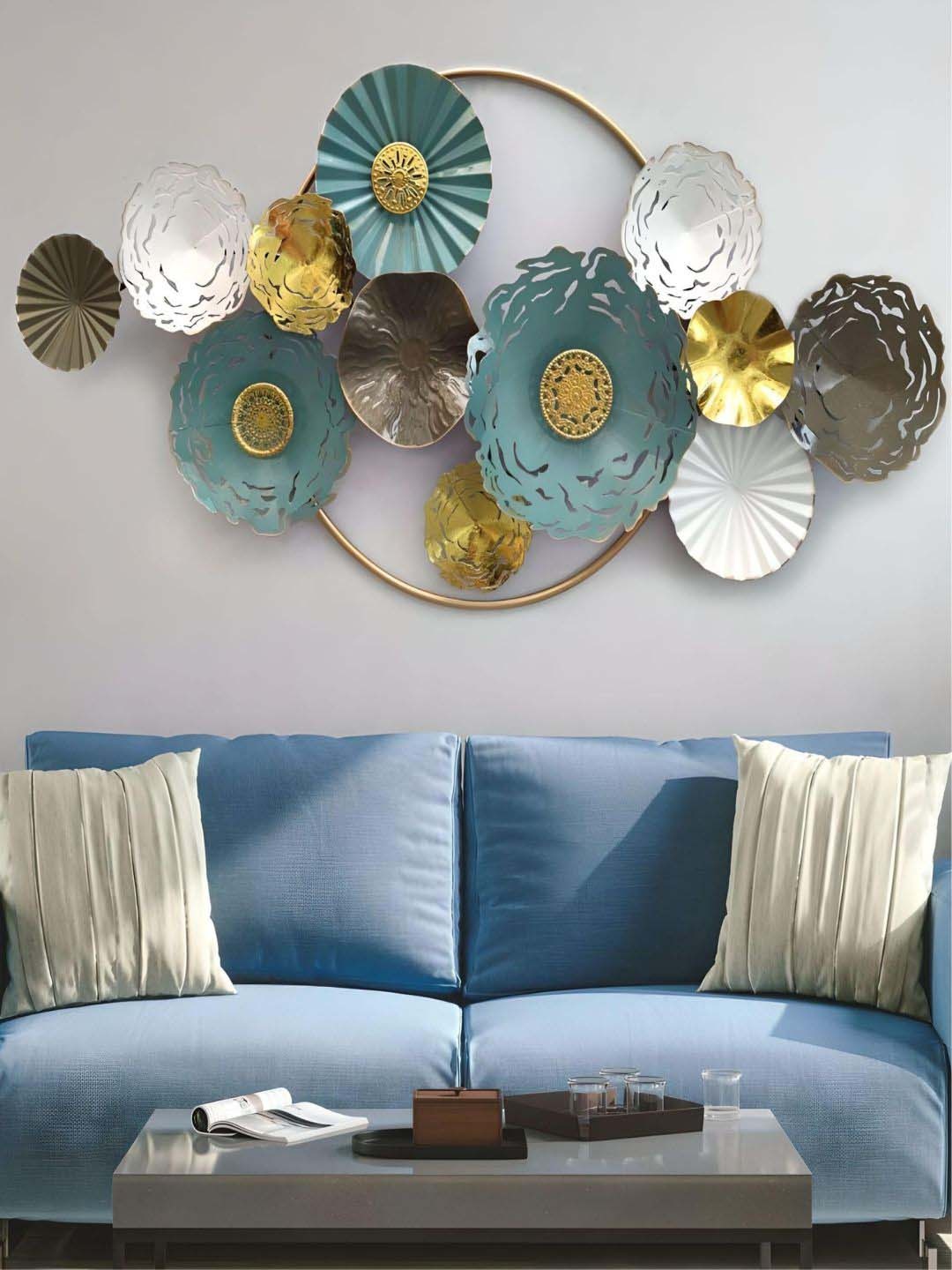 

The Art House White & Turquoise Blue Textured Metal Floral Wall Decor