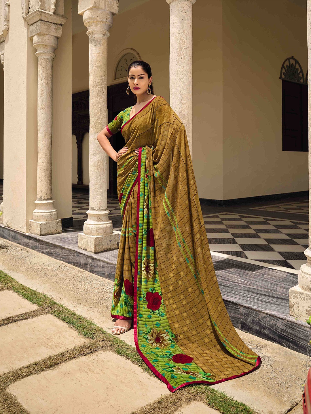 

all about you Brown & Red Checked Pure Georgette Saree