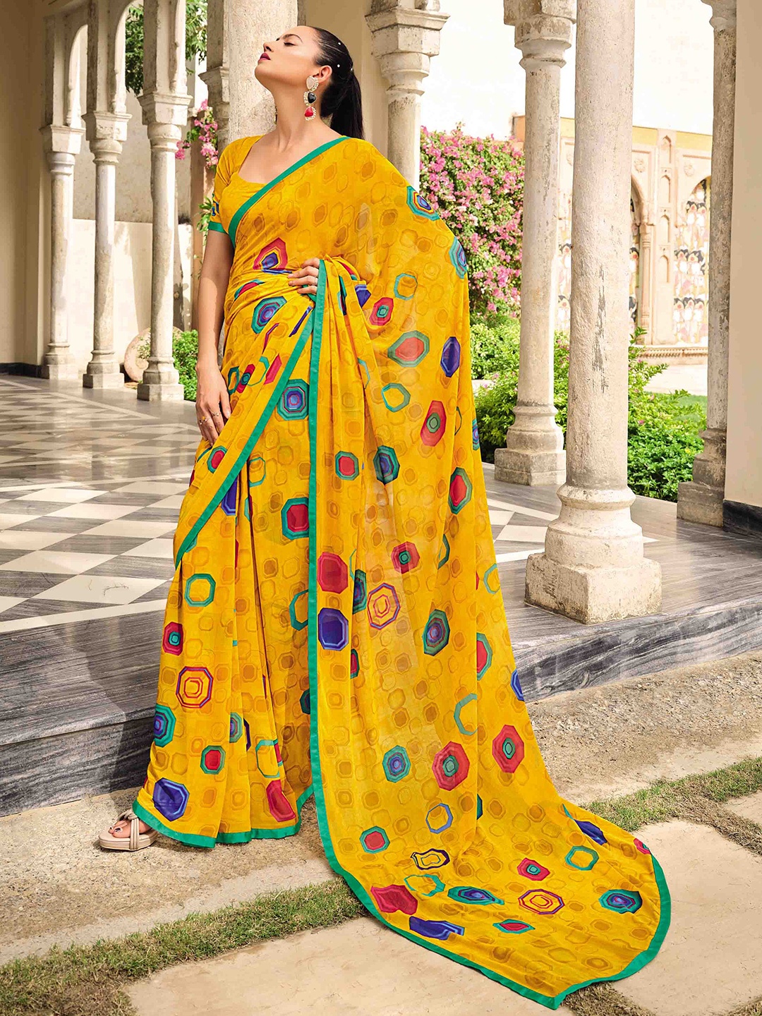 

all about you Mustard & Green Geometric Printed Pure Georgette Saree