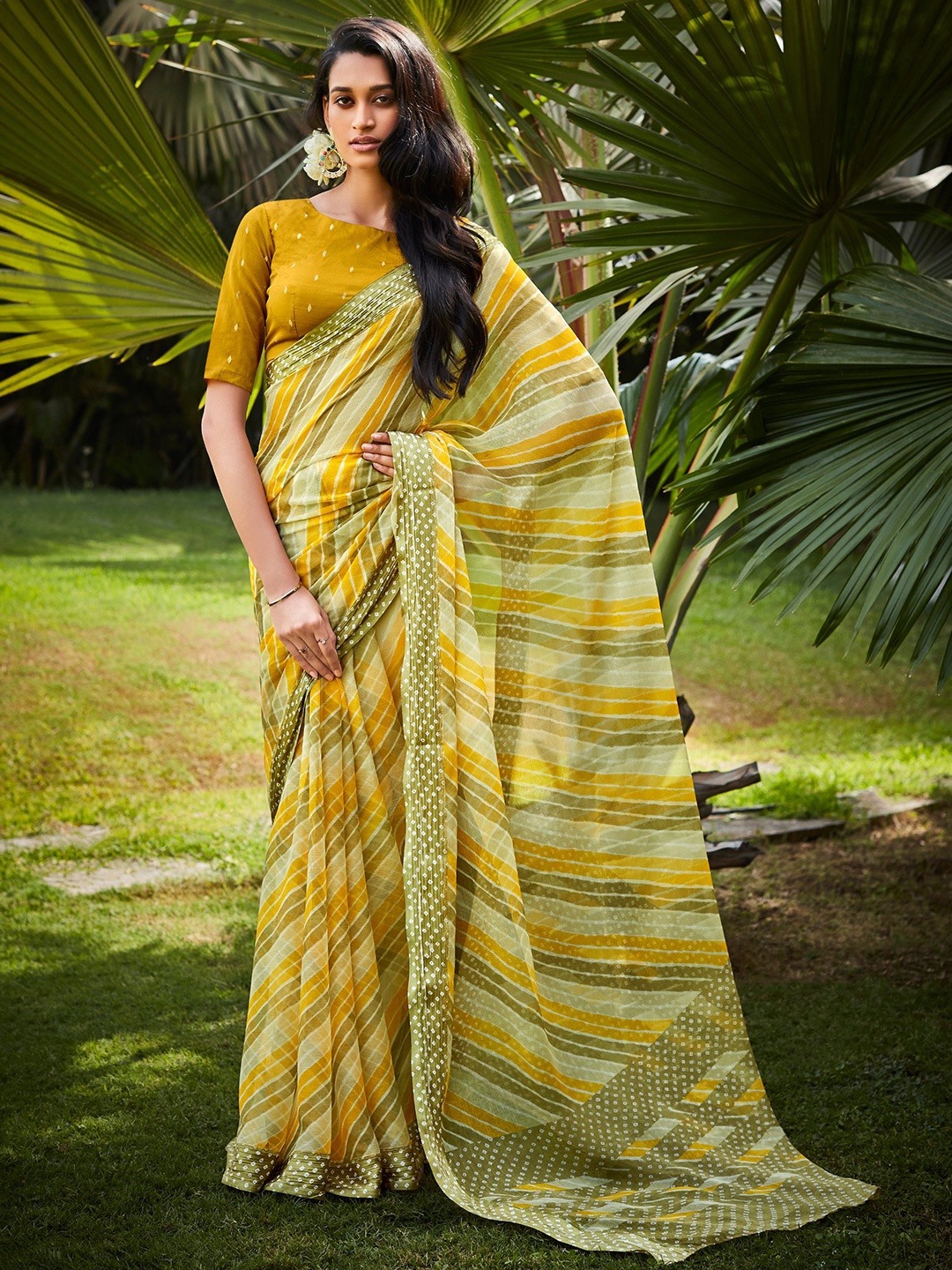 

all about you Yellow & Green Leheriya Pure Georgette Leheriya Saree