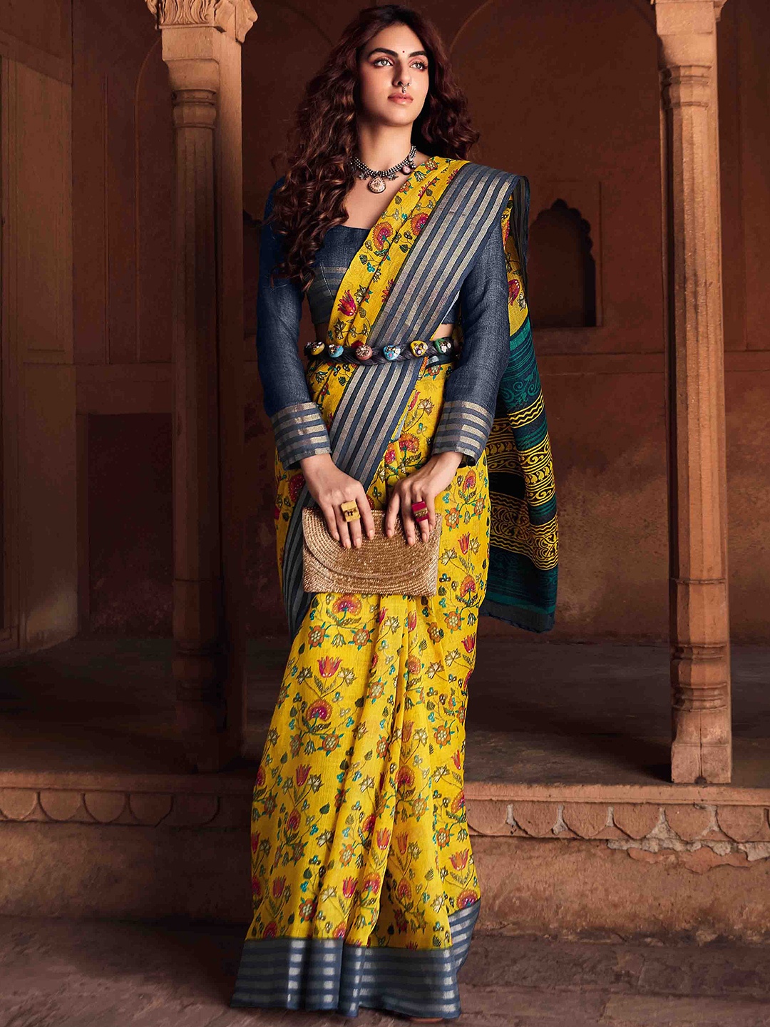 

all about you Yellow & Grey Floral Printed Zari Pure Linen Saree