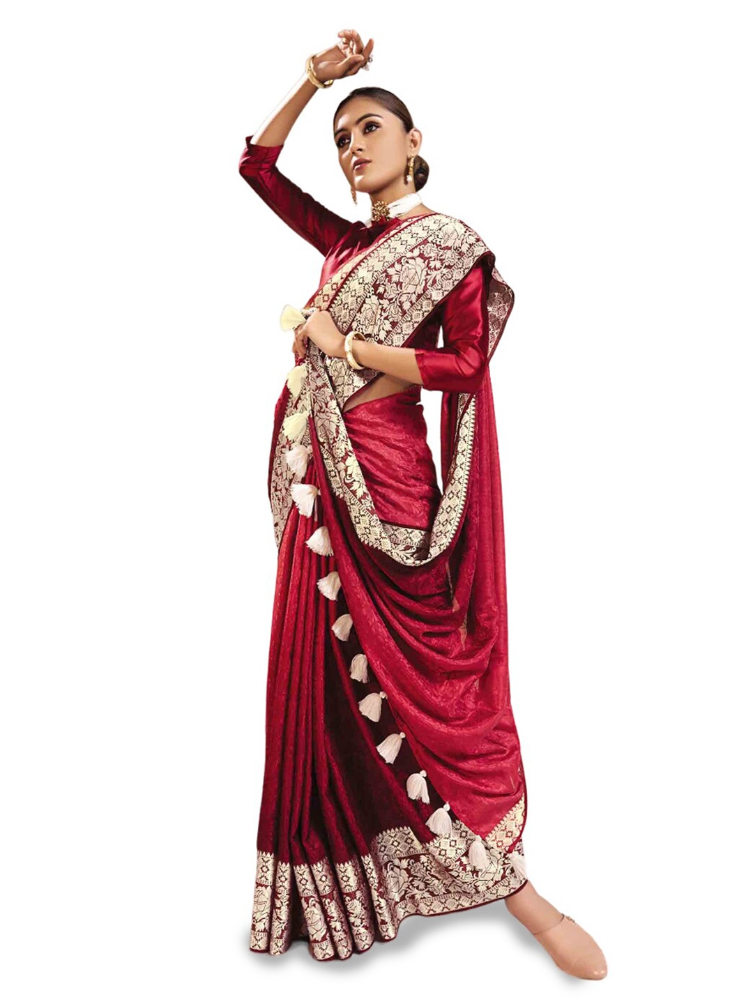 

all about you Red & Silver-Toned Floral Woven Design Zari Pure Silk Saree