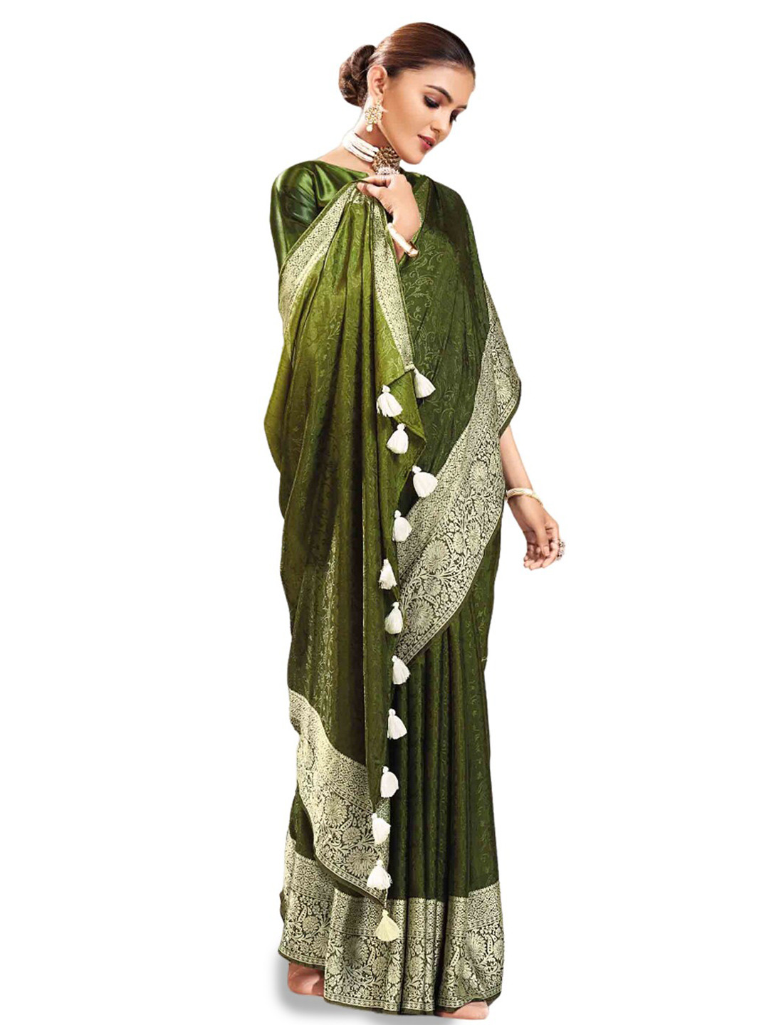 

all about you Green & Gold Floral Zari Silk Blend Saree With Blouse Piece