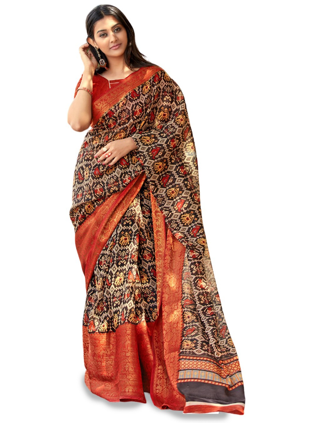 

all about you Beige & Red Ethnic Motifs Printed Zari Pure Cotton Saree
