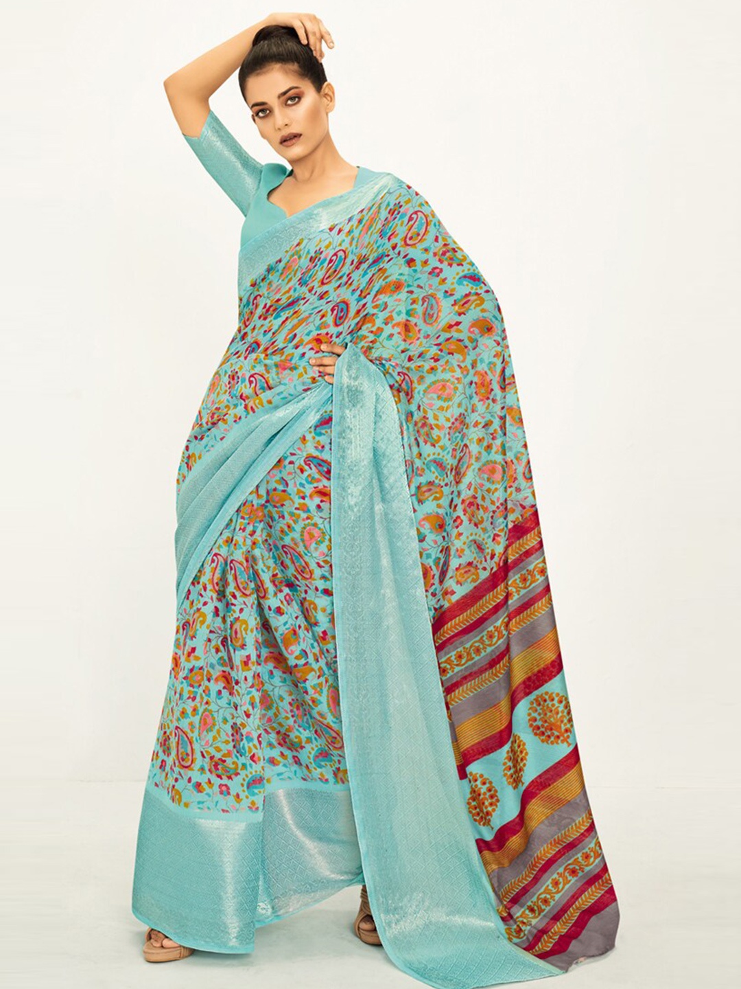 

all about you Sea Green & Orange Paisley Printed Zari Saree