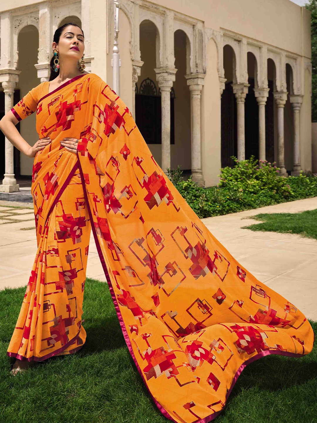 

all about you Orange & Red Geometric Printed Pure Georgette Saree