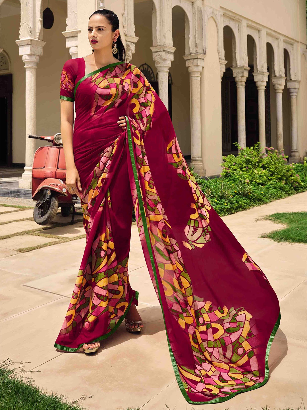 

all about you Maroon & Yellow Abstract Printed Pure Georgette Saree