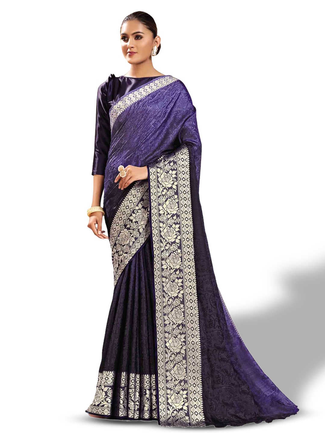 

all about you Blue & Silver Floral Zari Silk Blend Saree With Blouse Piece